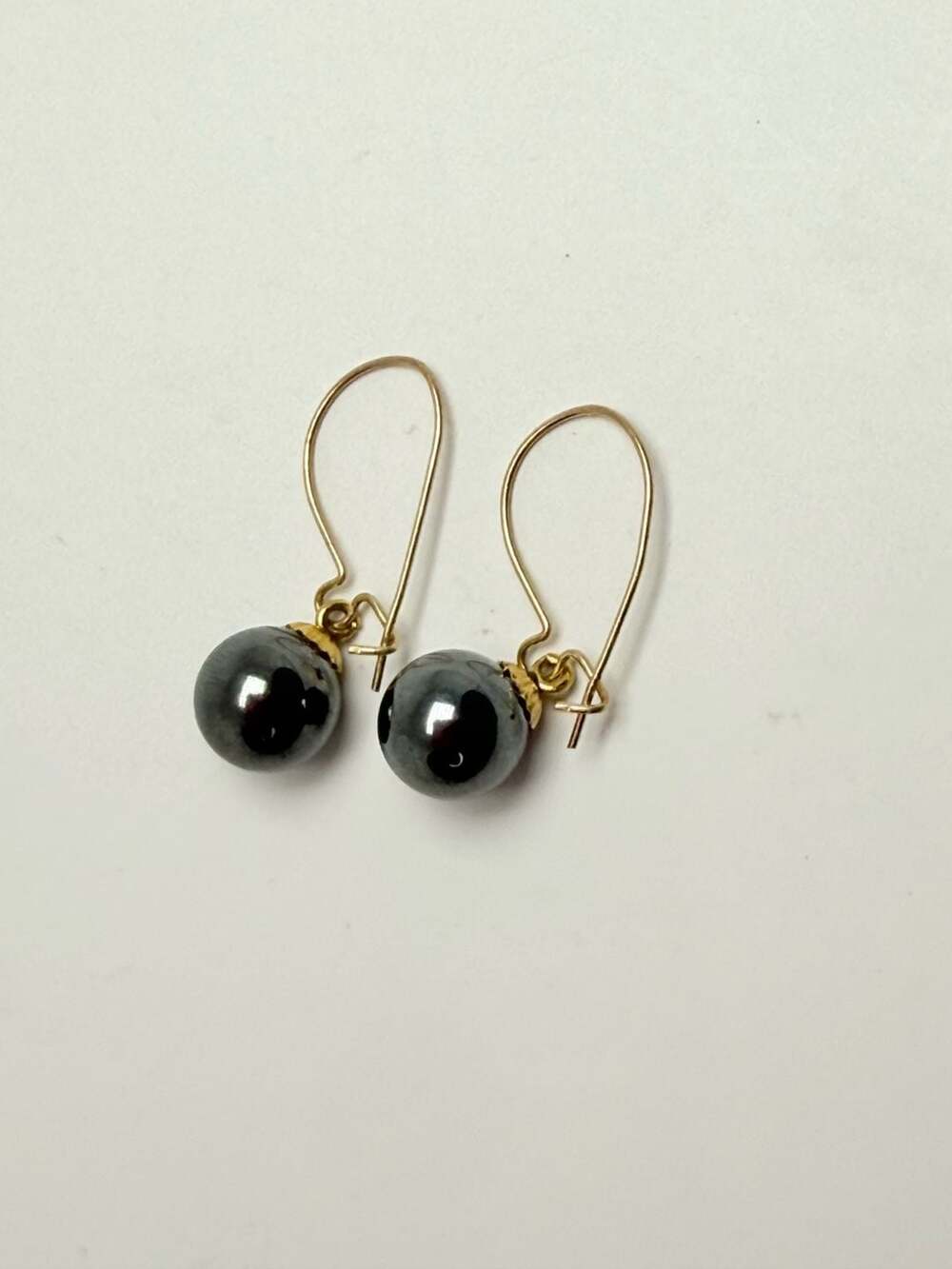 14K Gold Hematite Bead Dangle Earrings 6mm